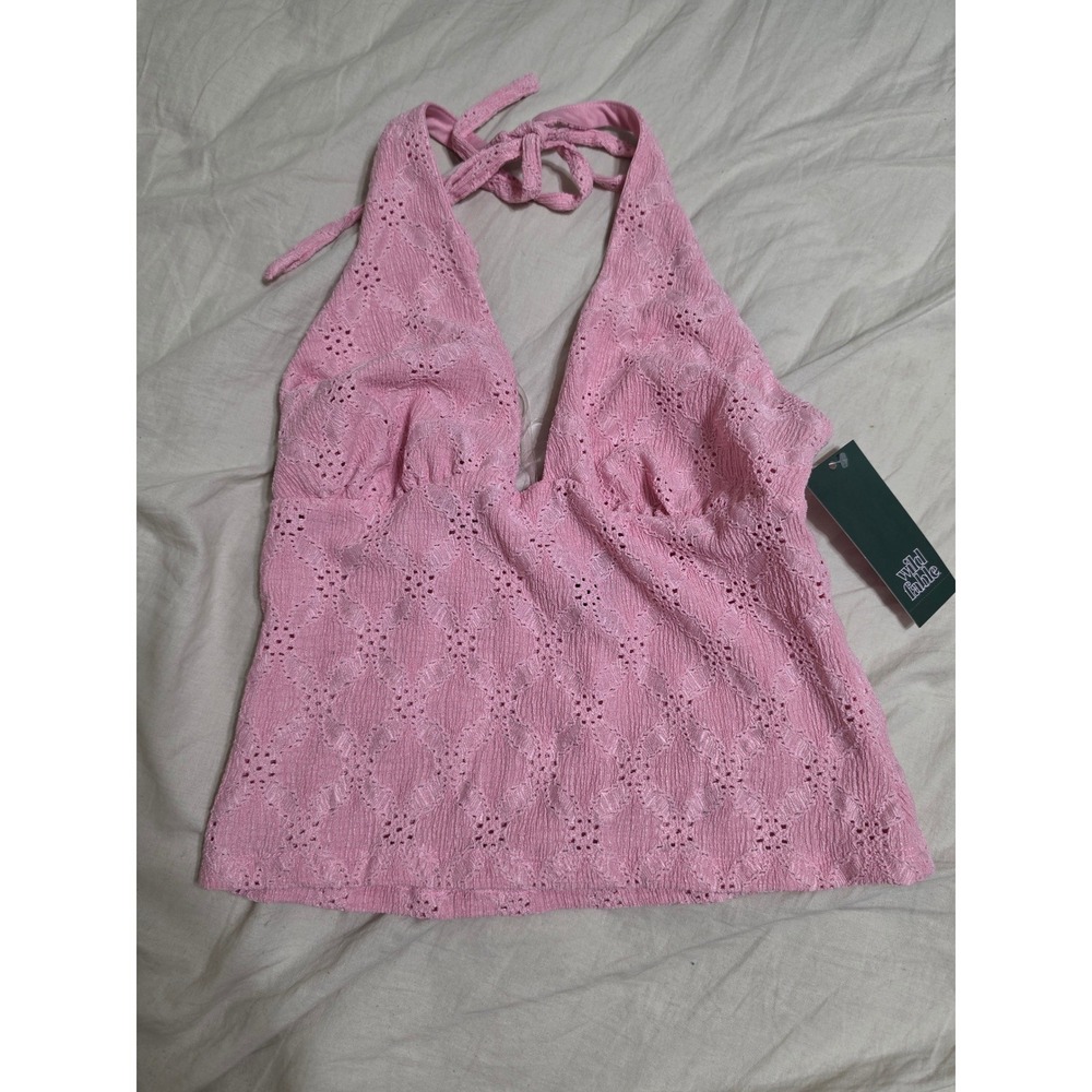 Wild Fable Pink Eyelet Halter Top XS Plunging V-Neck Textured Diamond Pattern